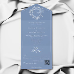 Elegant Blue Chinoiserie Bird Crest Wedding QR All In One Invitation