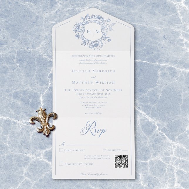 Elegant Blue Chinoiserie Bird Crest Wedding QR All In One Invitation (Elegant Blue Chinoiserie Bird Crest Wedding QR All In One Invitation)