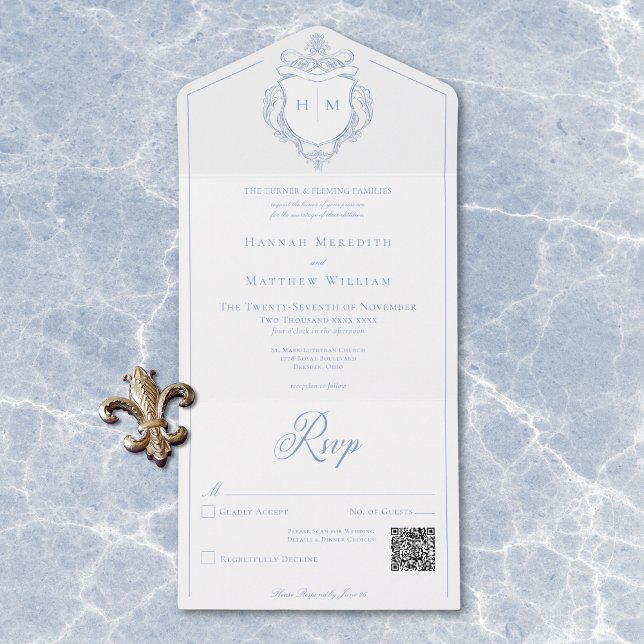 Elegant Blue Chinoiserie Bird Crest Wedding QR All In One Invitation (Elegant Blue Chinoiserie Bird Crest Wedding QR All In One Invitation)