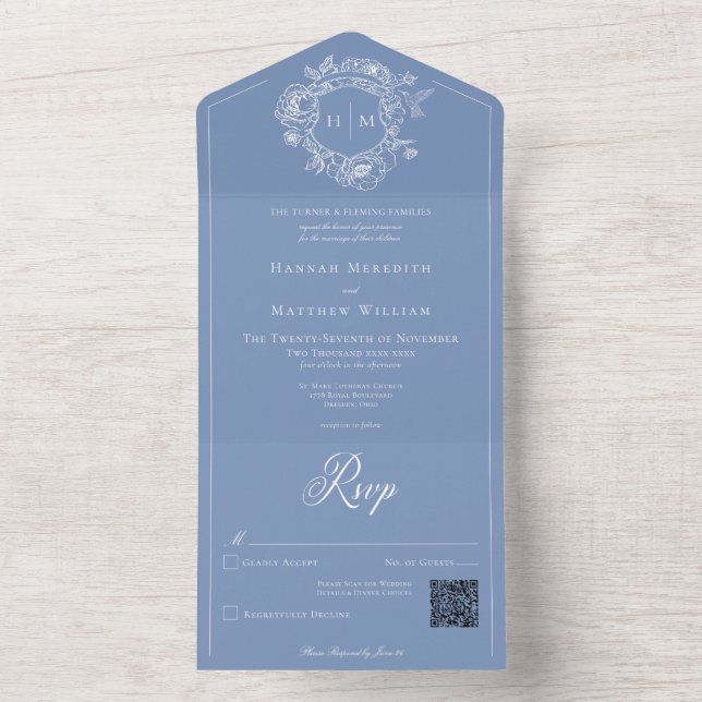 Elegant Blue Chinoiserie Bird Crest Wedding QR All In One Invitation (Inside)