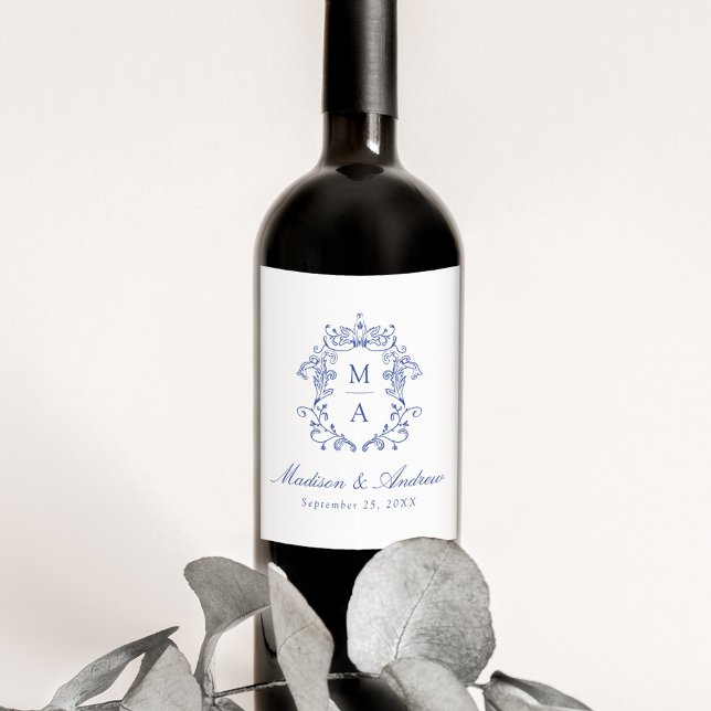 Elegant Blue Chinoiserie Crest Monogram Wedding Wine Label (Creator Uploaded)