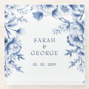 Elegant Blue Chinoiserie Floral Botanical Wedding Glass Coaster