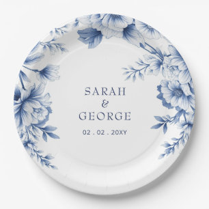 Elegant Blue Chinoiserie Floral Botanical Wedding Paper Plate