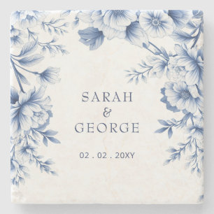 Elegant Blue Chinoiserie Floral Botanical Wedding Stone Coaster