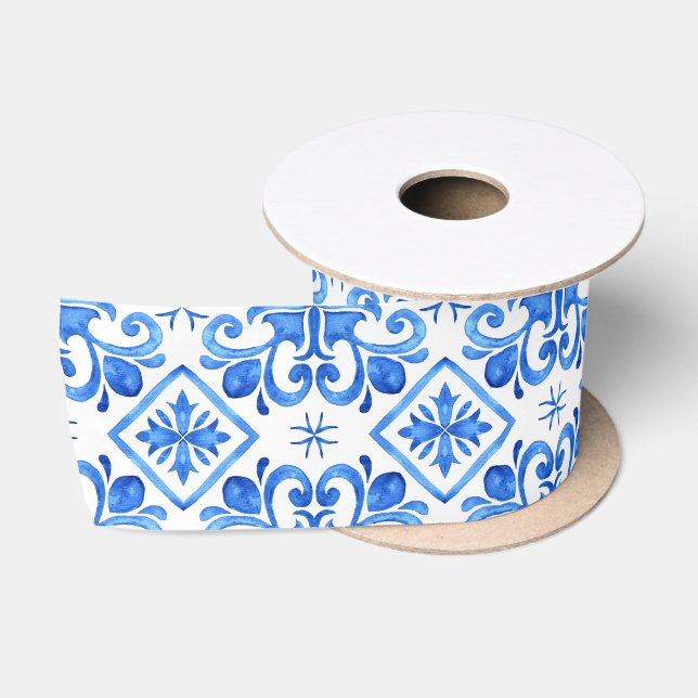 Elegant Blue Chinoiserie Floral bridal shower Satin Ribbon (Spool)