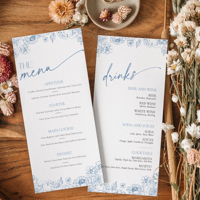 Elegant Blue Chinoiserie Food and Drinks Menu Card (Food and Drinks Menu with french blue floral toile de jouy pattern)