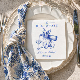 Elegant Blue Chinoiserie French Bulldog Wedding Napkin