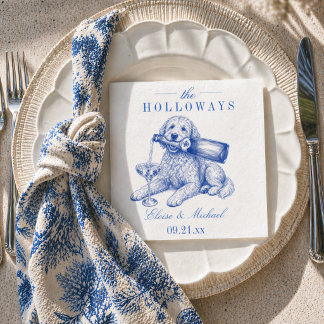 Elegant Blue Chinoiserie Golden Doodle Wedding Napkin