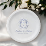 Elegant Blue Chinoiserie Monogram Crest Wedding Paper Plate<br><div class="desc">Add a personalized, romantic touch to your wedding reception, engagement party, couples shower, or rehearsal dinner with Elegant Blue Chinoiserie Victorian Floral paper plates. The elegant wedding paper plates feature an intricate blue chinoiserie crest surrounding the couple's monogram initials. Your names are displayed in a classic blue calligraphy script with...</div>