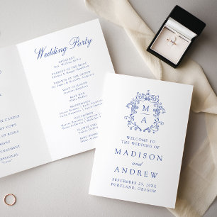 Elegant Blue Chinoiserie Monogram Crest Wedding Program