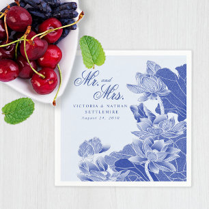 Elegant Blue Chinoiserie Mr. & Mrs. Floral Wedding Napkin