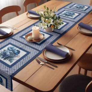 Elegant Blue Chinoiserie Toile Floral Monogram Short Table Runner