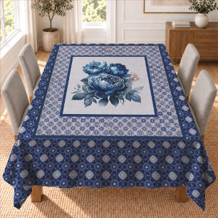 Elegant Blue Chinoiserie Toile Monogram Floral Tablecloth