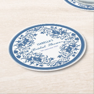 Elegant Blue Chinoiserie Victorian Chinese Floral Round Paper Coaster