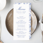 Elegant Blue Chinoiserie Victorian Floral Wedding Menu<br><div class="desc">Create a stunning dining experience with our Elegant Blue Chinoiserie Floral wedding menu. Featuring elegant blue calligraphy on a crisp white background, this customizable menu allows couples to add their names, wedding date, and personalized menu offerings. The back showcases a beautiful blue and white Chinoiserie floral pattern, adding a timeless...</div>