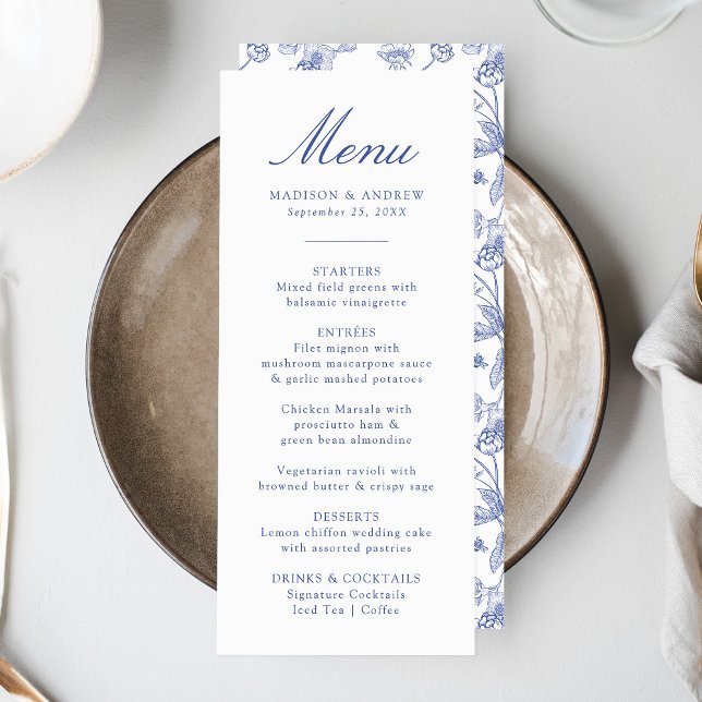 Elegant Blue Chinoiserie Victorian Floral Wedding Menu (Creator Uploaded)