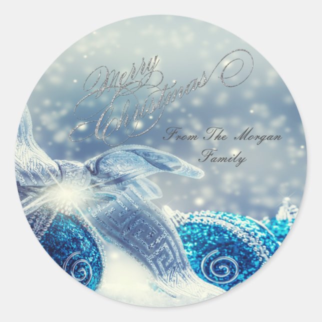Elegant Blue Christmas Balls Classic Round Sticker (Front)