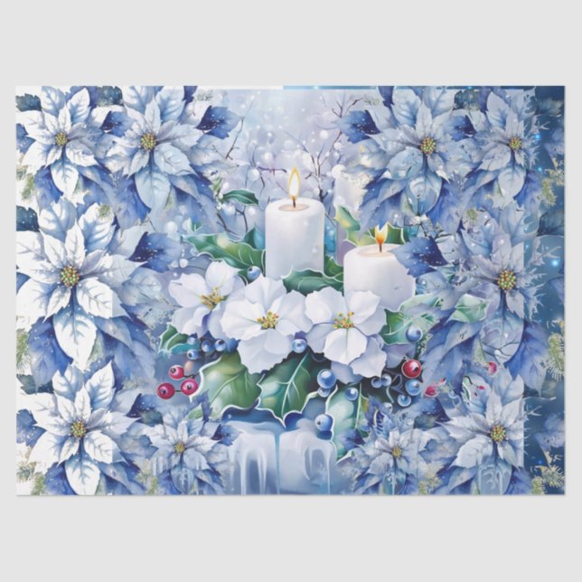 Elegant Blue Christmas Floral Candles Decoupage Tissue Paper (Front)