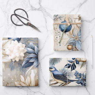 Elegant Blue Christmas Floral  Wrapping Paper Sheet