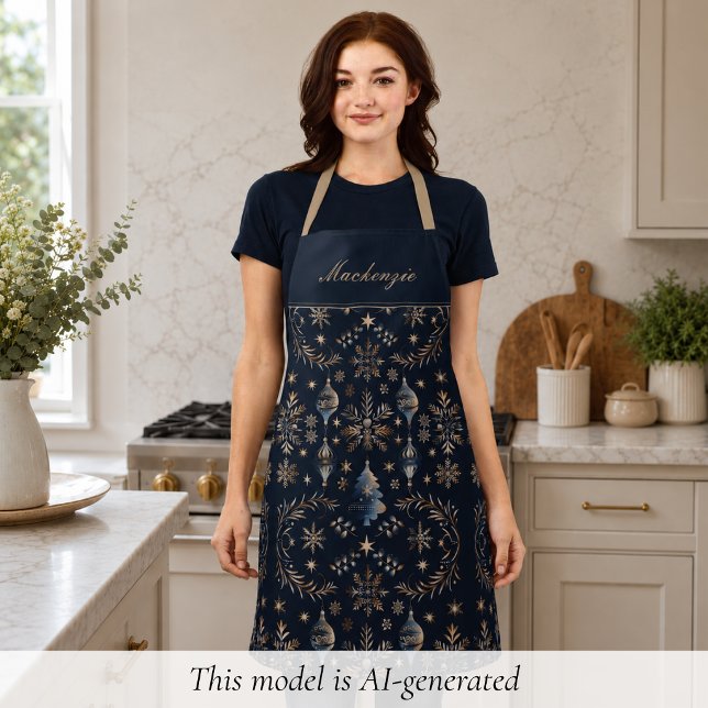 Elegant Blue Christmas Holiday Monogram Apron (elegant navy blue gold winter holiday Christmas pattern apron with custom monogram name in script)