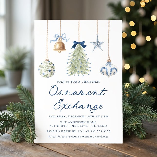 Elegant Blue Christmas Ornament Exchange Invitation (Creator Uploaded)