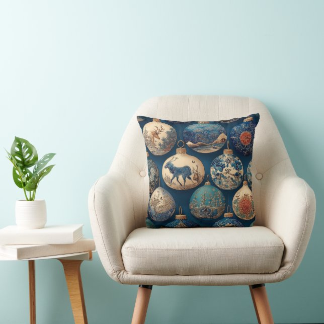  Elegant Blue Christmas Ornaments Throw Pillow (Chair)