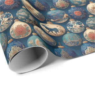 Elegant Blue Christmas Ornaments Wrapping Paper