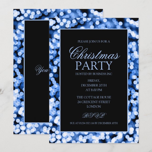 Elegant Blue Christmas String Lights Holiday Party Invitation (Front/Back)