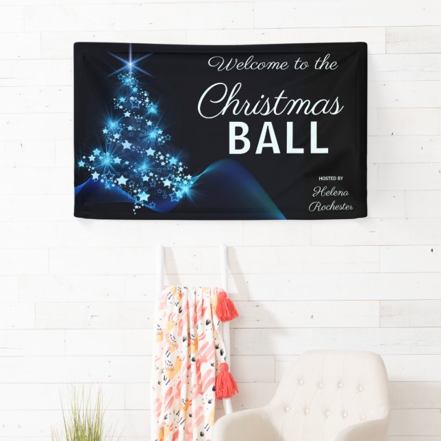 Elegant Blue Christmas Tree Holiday Party Welcome Banner (Insitu)