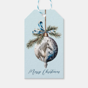 Elegant blue Christmas white horse equestrian Gift Tags