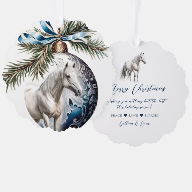 Elegant blue Christmas white horse equestrian Ornament Card (Front/Back)