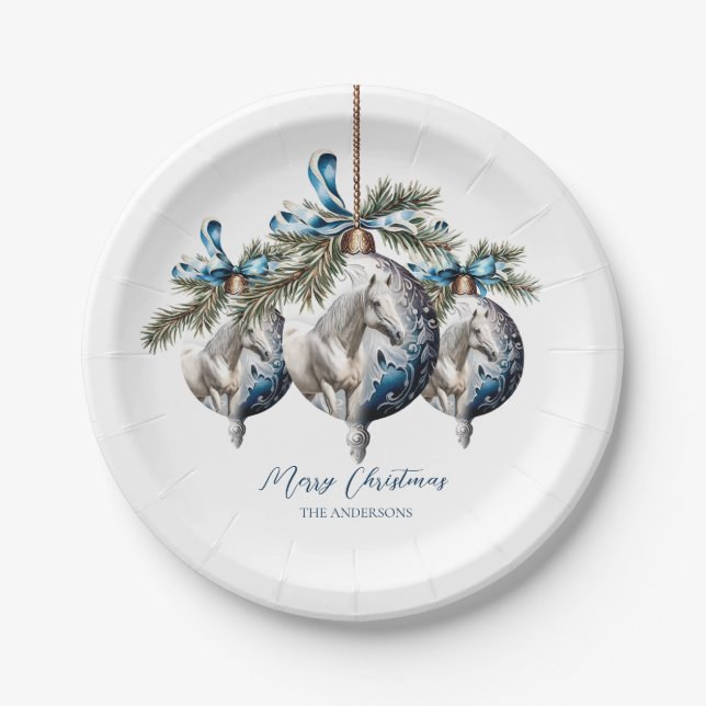 Elegant blue Christmas white horse equestrian Paper Plate (Front)
