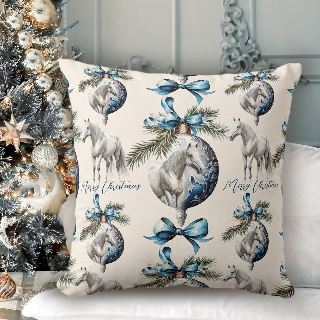 Elegant blue Christmas white horse pattern Throw Pillow (Elegant blue Christmas white horse pattern Throw Pillow)