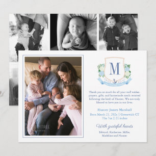 Elegant Blue Coastal Monogram 6 Photos Baby Birth Announcement