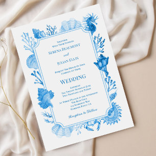 Elegant Blue Coastal Seashell and Coral Wedding Invitation