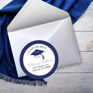 Elegant Blue College Graduation Return Address Classic Round Sticker
