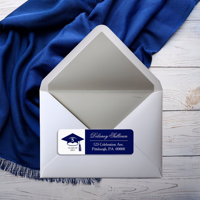 Élégant Blue College Graduation Return Adresse (Elegant Blue and Silver Tone  College | University Graduation Monogram Return Address Label)