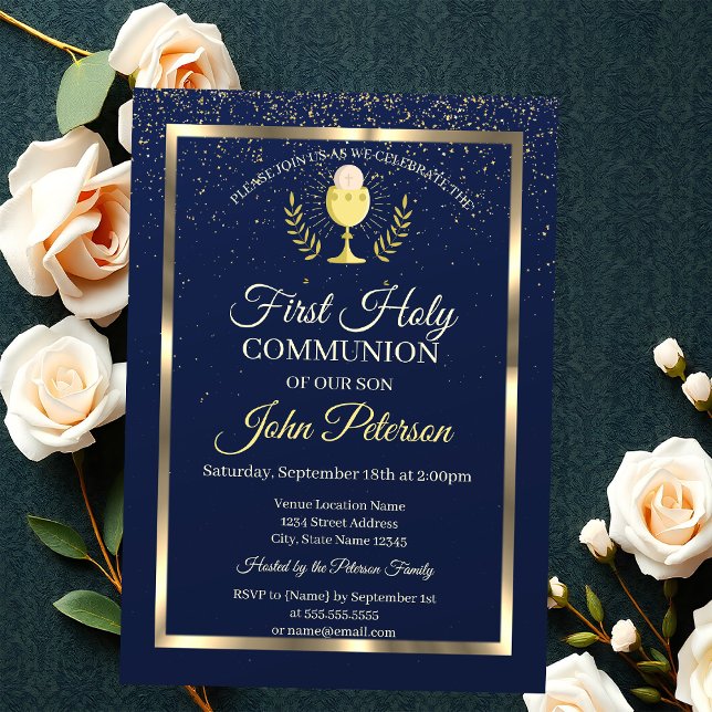 Elegant Blue Confetti First Holy Communion Invitation (Creator Uploaded)