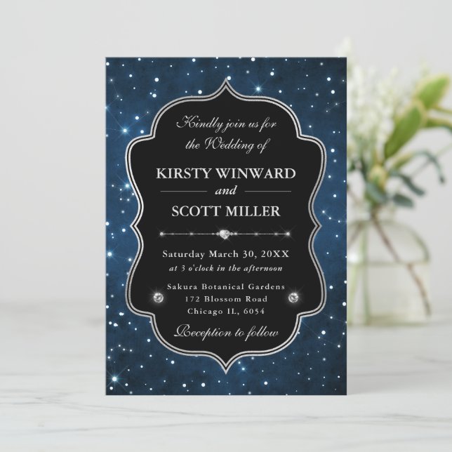 Elegant blue constellation frame Wedding Invitation (Standing Front)