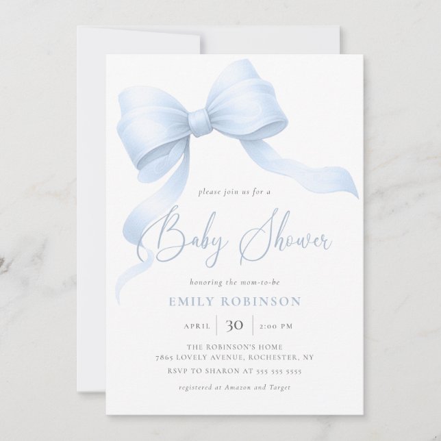 Elegant Blue Coquette Bow Boy Baby Shower Invitation (Front)