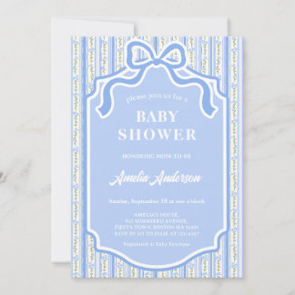 Elegant Blue Coquette Ribbon Bow Floral Stripe Invitation