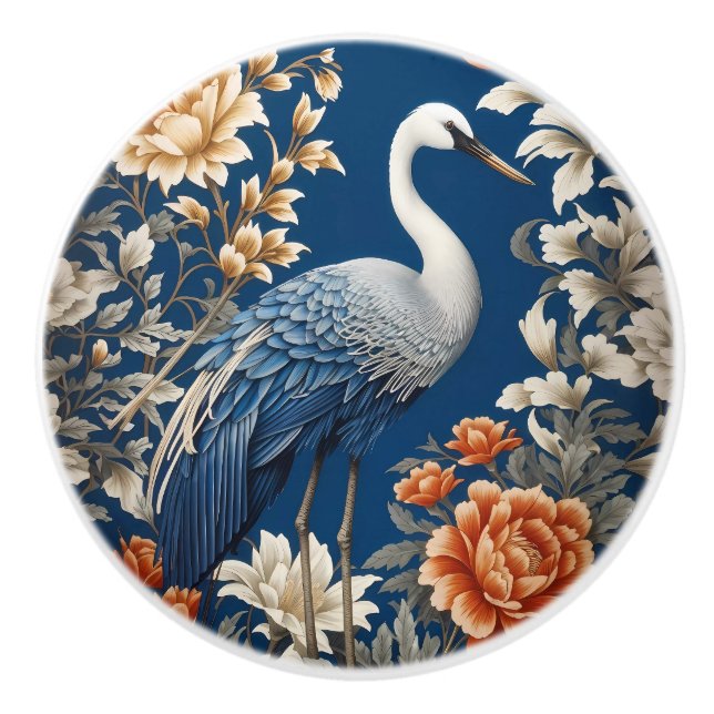 Elegant Blue Crane William Morris Inspired Ceramic Knob (Front)