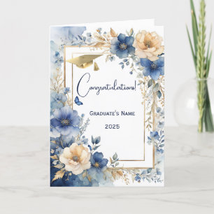 Elegant Blue Cream Floral Personalized Graduation Card