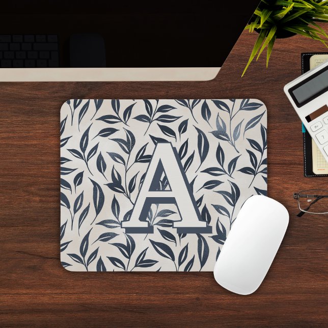 Elegant Blue Cream Leaf Pattern Monogrammed Mouse Pad (Elegant Blue Cream Leaf Pattern Monogrammed Mouse Pad
)