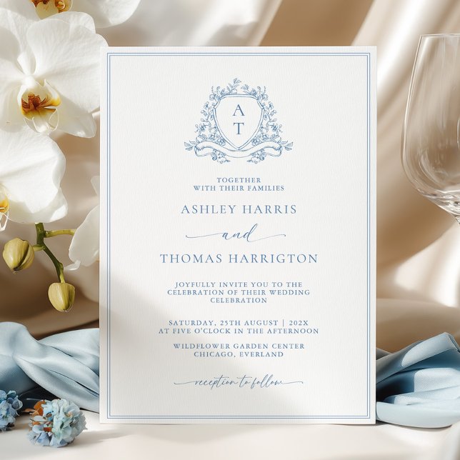Elegant Blue Crest Monogram Wedding Invitation (Creator Uploaded)