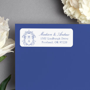 Elegant Blue Crest Monogram Wedding Return Address