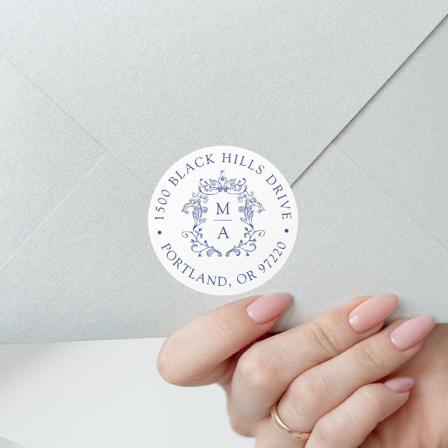 Elegant Blue Crest Wedding Return Address Classic Round Sticker (Creator Uploaded)