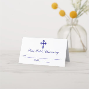 Elegant Blue Cross Baptism Custom Place Card