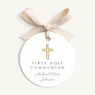 Elegant Blue Cross Boy First Communion Round Favour Tags