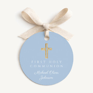 Elegant Blue Cross Boy First Communion Round Favour Tags
